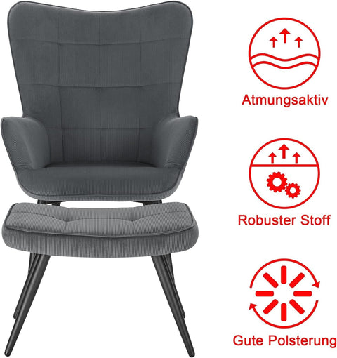 Rootz Relaxation Armchair with Stool - Lounge Chair, Accent Chair - Ergonomic Design, High-Density Foam, Durable Metal Frame - 44cm x 49cm x 99cm