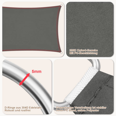Rootz Sun Sail Canopy - Shade Protector - UV Shield - Grey - 95% UV Protection - 200g/m² Polyester - 2x4 m - Tearproof & Waterproof