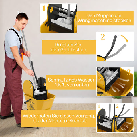 Rootz Rollable Mopp-Eimer - Wiping Bucket - Cleaning Bucket - 26L Capacity - Ergonomic Handle - 45x31x90cm