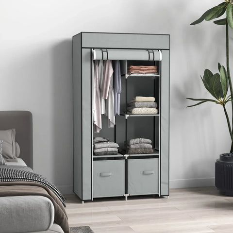 Rootz Wardrobe - Fabric Cabinet - 1 Clothes Rail - 2 Drawers - Sliding Drawers - Non-woven Fabric - Gray - 83 x 42.5 x 162.5 cm