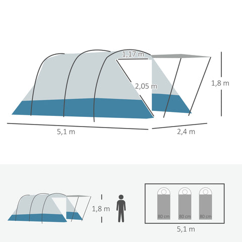 Rootz Camping Tent - Family Tent - Outdoor Shelter - Water-repellent - 5.10m x 2.40m x 1.80m