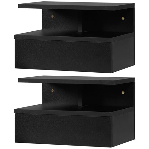 Rootz Set of 2 Floating Nightstands - Wall Bedside Tables - Extendable Drawers - Space Saver Design - Black Chipboard - 35W x 32D x 22.5H cm