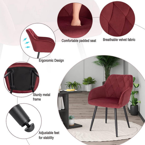 Rootz Set van 4 eetkamerstoelen - Fauteuils met fluwelen bekleding - Ergonomisch en luxueus - Comfortabel, duurzaam, veelzijdig - Metalen frame - Zitting 44 cm x 42,5 cm, hoogte 46,5 cm