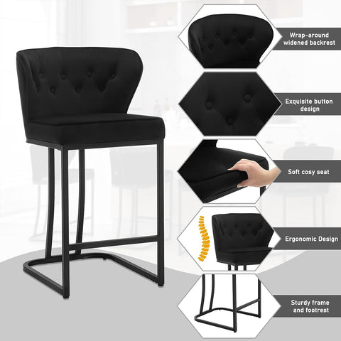 Rootz Velvet Barkruk - Tegenkruk - Gestoffeerde stoel - Comfortabele zitting - Duurzaam metalen frame - Eenvoudige montage - 49 cm x 85 cm x 48,5 cm