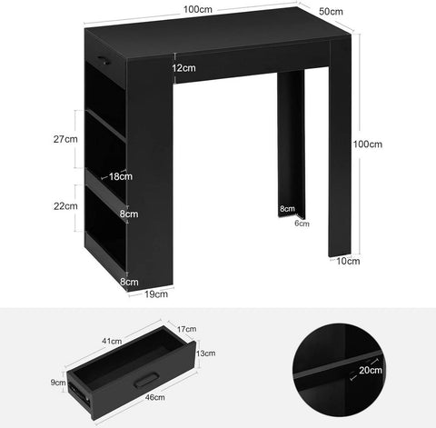 Rootz Standing Bar Table - Kitchen Table - Dining Table with Drawer & Shelves - Scratch-Resistant - 100x100x50cm - Black