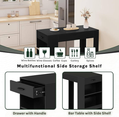 Rootz Standing Bar Table - Kitchen Table - Dining Table with Drawer & Shelves - Scratch-Resistant - 100x100x50cm - Black