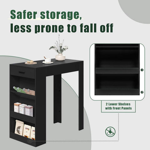 Rootz Standing Bar Table - Kitchen Table - Dining Table with Drawer & Shelves - Scratch-Resistant - 100x100x50cm - Black