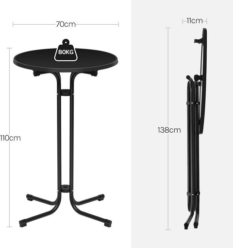Rootz Foldable Standing Table - Bistro Table - Bar Table - Weatherproof & Round - Metal Pipes - Black - 70cm Diameter x 110cm Height