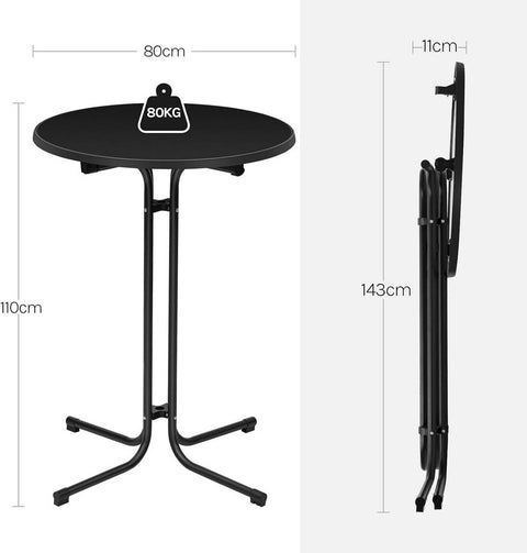 Rootz Standing Table Foldable - High Table - Bar Table - Weatherproof & Space-Saving - 80cm Diameter Table Top - Black Metal Pipes - 90 x 110 x 90 cm