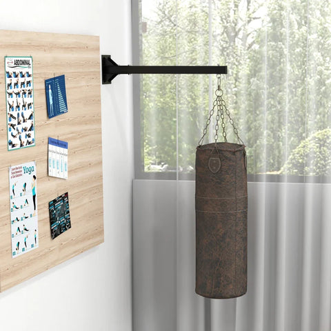 Rootz Punching Bag Holder - Wall Mounted - 9 Angles - Mounting Screws - Swivel Hook - Carabiner Hook - Two Side Awnings - Steel - Black - 80L x 17W x 48H cm