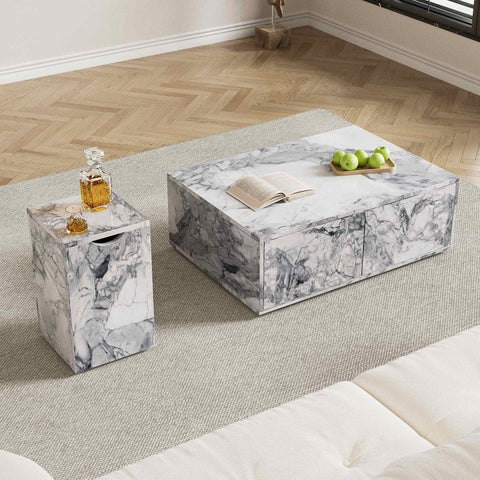Rootz Marble Pattern Coffee Table Set - Coffee Table - Accent Tables - Versatile Design with Storage - 100x33.5x70cm & 32x32x50cm