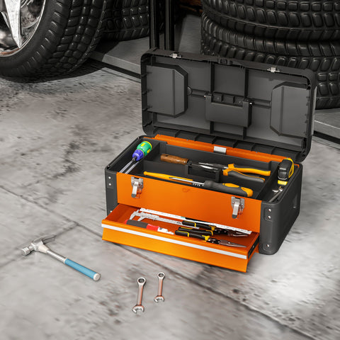 Rootz Tool Box Empty - Tool Chest - Storage Organizer - Scratch & Rust-Resistant - 49.7 x 25.3 x 23 cm - Orange Steel with Drawer