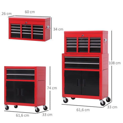 Rootz Tool Cabinet & Box - Rollable Drawer Organizer - Red Metal Storage - Lockable & Anti-Slip - 61.6cm x 33cm x 108cm