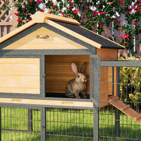 Rootz 2 Level Rabbit Stable - Double-Deck House - Outdoor Pet Enclosure - Weatherproof, Easy Clean - 217cm x 53cm x 86cm