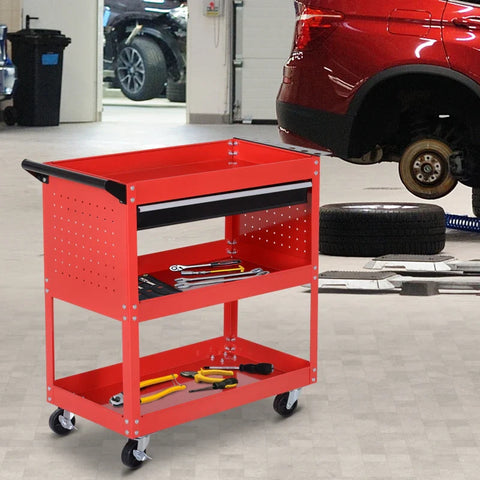 Rootz Tool Case - Tool Trolley - Tool Box - 3 Levels - 4 Wheels - Red - 82 cm x 35 cm x 76 cm