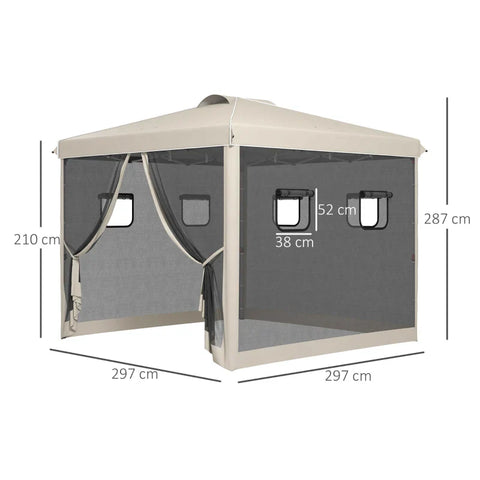 Rootz Folding Gazebo - Height Adjustable - Mesh Curtains - Ground Spikes - Carry Bag - Metal Frame - Steel - Oxford Polyester - Beige - 297L x 297W x 287H cm