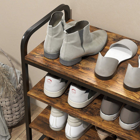 Rootz Industrial Shoe Rack - 4 Tier Shoe Stand - Wood Grain & Black Frame - Open Design - Holds 11 Pairs - Sturdy Steel Frame - 70cm x 30cm x 65cm