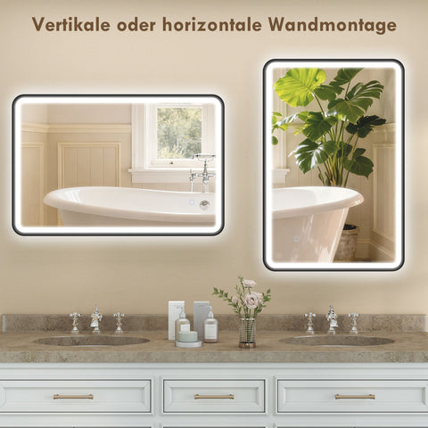 Rootz LED Bathroom Mirror 90x60cm - Vanity Wall Mirror - Dimmable Lighted Mirror - Anti-Fog, Memory Touch, IP44 Splashproof, Black, 90 x 60 x 4 cm