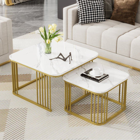 Rootz 2 Piece High Gloss Marble Look Coffee Tables - Nesting Tables - Modern Living Room Tables - Scratch Resistant - 70x70x45cm & 50x50x36.5cm