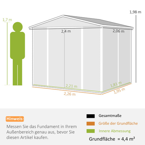 Rootz Metal Tool Shed - Weatherproof Storage, Outdoor Locker - Rustproof, Lockable, Secure - 240 x 206 x 198 cm - Grey, White