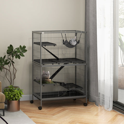 Rootz Rodent Cage - Multifunctional Habitat - Small Animal Enclosure - 4 Platforms, 3 Ramps, 4 Doors - 80L x 52W x 128H cm - Steel Grey