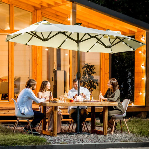 Rootz Double Umbrella - Patio Umbrella - Tilting with Solar Panel - 35 LEDs - Steel Frame - Beige - 2.95 x 1.50 x 2.19 m