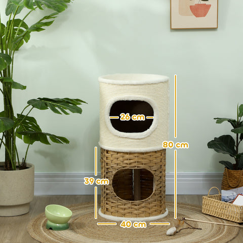 Rootz Three-Story Cat Tree - Cat Tower - Cat Climber - Enhances Home Décor - 80cm High x Ø40cm - White & Brown