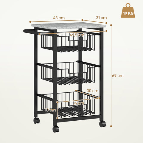 Rootz 3 Tier Kitchen Trolley on Wheels - Rolling Serving Cart - Mobile Storage Rack - Spacious & Durable - 49.5x31x69cm Steel & MDF