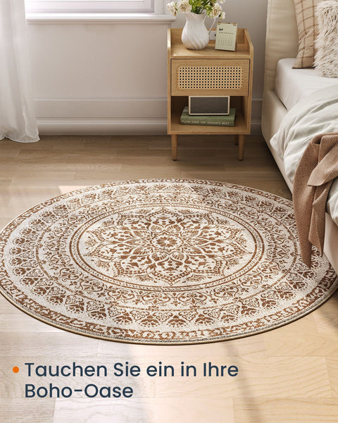 Rootz Round Boho Style Carpet - Cappuccino Beige - Polyester Felt TPR - Lightweight - 120cm Diameter - 1.6kg - Indoor Outdoor Rug