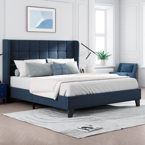 Rootz Double Bed with Headboard - Elegant Upholstered Bed - Sturdy Bed Frame - Optimal Support - 146L x 208W x 111H cm