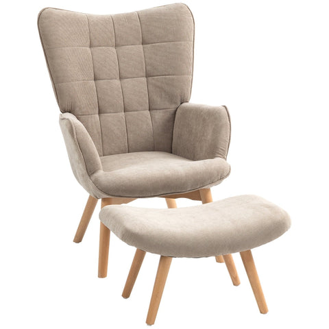 Rootz Accent Chair and Ottoman Set - Wing Chair - Armchair - Comfortable Seating - Versatile Use - Stylish Design - 72cm x 80cm x 101cm - Beech Wood and Cord Look