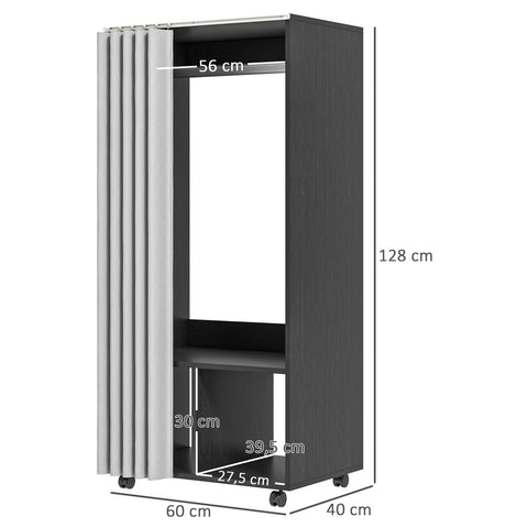 Rootz Mobile Wardrobe with Curtain - Portable Closet - Clothes Rail - Easy Mobility - 60cm x 40cm x 128cm