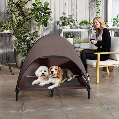 Rootz Elevated Outdoor Dog Bed - Pet Shelter - Raised Canopy - Sun Protection - 106 x 76 x 99 cm - Brown