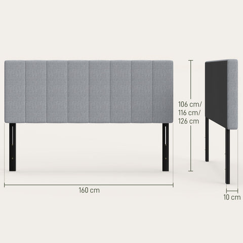 Rootz Headboard Grey 160x10x106/116/126cm – Bed Headboard, Adjustable Backrest, Padded Panel – Stylish, Comfy Support, Linen Look, Fits 150-160cm Beds