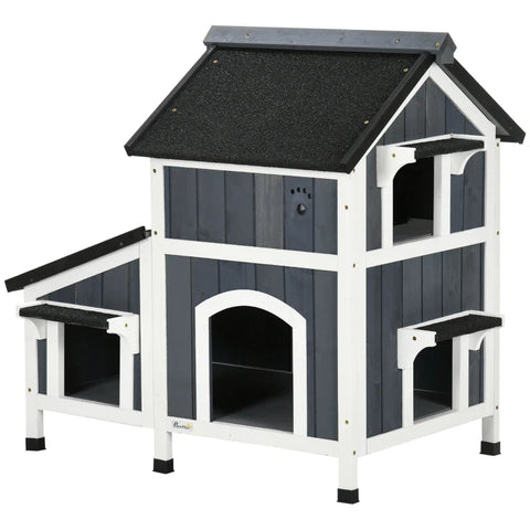 Rootz Outdoor Cat House - Two Level - Multiple Entrances - Water-Resistant Roof - Gray - 96 x 65 x 85.5cm