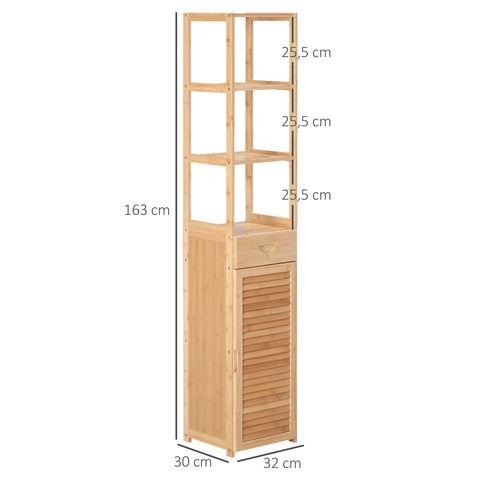 Rootz Bathroom Shelf - Storage Cabinet - Organizer Unit - Bamboo Construction - 3 Compartments, Drawer - 32 x 30 x 163 cm