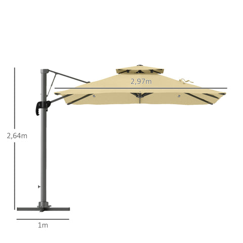 Rootz 3m Square Umbrella - Parasol - Patio Sunshield - 360° Rotation - 297x297x264cm - Hydraulic Roof, Aluminum Frame, Beige