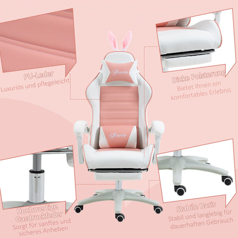 Rootz Pink Gaming Chair - Ergonomic Gamer Chair - Reclining Chair - Lumbar Support & Footrest - 65cm x 63cm x 136-142cm