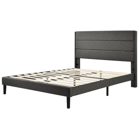 Rootz Double Bed with Padded Headboard - Fabric Cover - Upholstered Bed - Comfort - 146L x 210W x 111H cm - Dark Gray Design