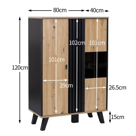 Rootz Side Cabinet - Sideboard - Display Cabinet - Ample Storage & LED Lighting - 80cm x 120cm x 40cm