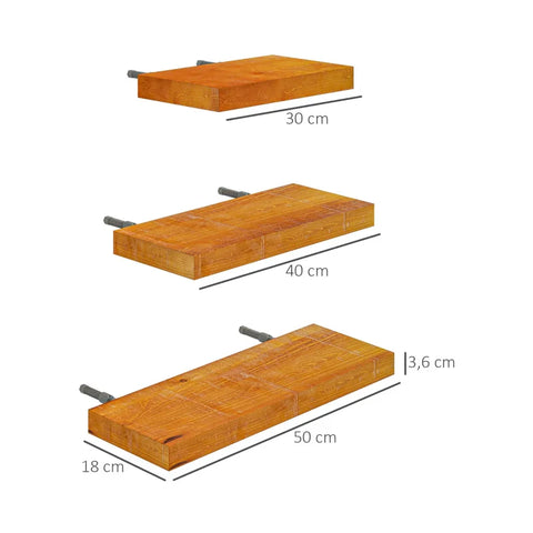 Rootz 3 Wall Shelves - Floating Shelf - Pine Wood - Living Room - Bedroom Brown - 50 Cm X 18 Cm X 3.6 Cm