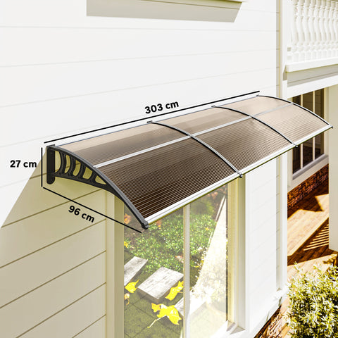 Rootz Canopy for Front Door/Window - Weatherproof Awning - UV Protection Cover - Aluminum/Polycarbonate - 303cm x 96cm x 27cm - Black/Brown