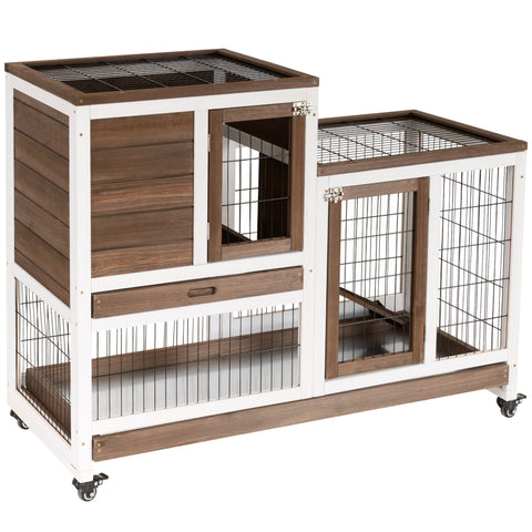 Rootz Rabbit Cage with 2 Floors - Rabbit Hutch - Bunny House - Mobile on Wheels - 110cm x 50cm x 88cm, Easy Cleaning, 2 Lockable Doors