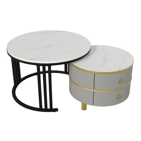 Rootz 2-in-1 Coffee Table Set - Marble Pattern - High Gloss Table Top - Space-Saving Design - 70/50cm x 70/50cm x 46/40cm