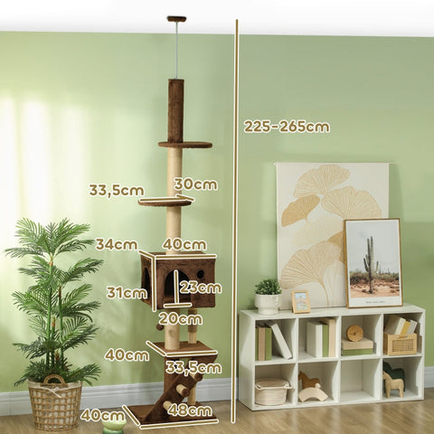 Rootz Floor-to-Ceiling Cat Tree - Cat Condo - Scratching Post - Space-Saving Design - Adjustable 225-265cm - 48L x 40W cm Base