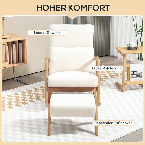 Rootz Rocking Chair with Stool - Softly Padded - Linen-Look - Ultimate Comfort - 65W x 96D x 94.5H cm - Cream White