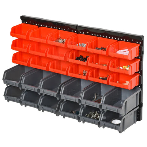 Rootz Storage System - Wall Shelf With Stacking Boxes - 30 Boxes - 2 Perforated Panels - Red + Gray + Black - 37.5 cm x 18 cm x 63 cm