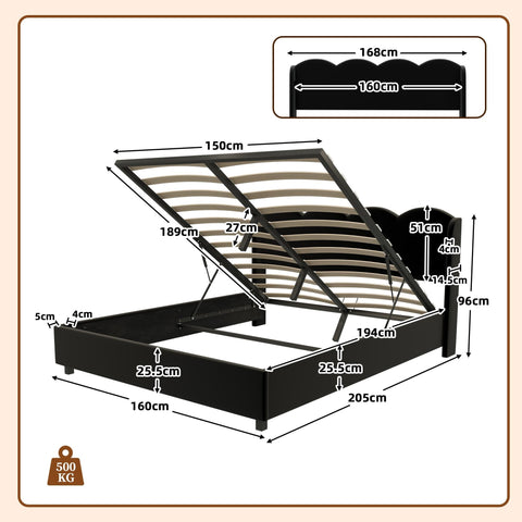 Rootz Double Bed Frame - Padded Bed - Velvet Bed - Hydraulic Storage - USB Charging - 205cm x 168cm x 96cm