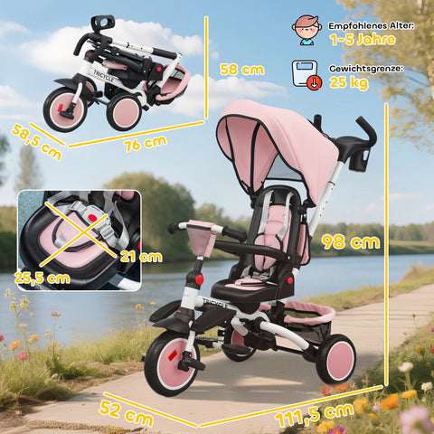 Rootz Children's Director Buggy - Stroller - 6-in-1 Tricycle - Adjustable & Foldable - 111.5cm x 98cm - Pink and Black- Enhances Child-Parent Bonding