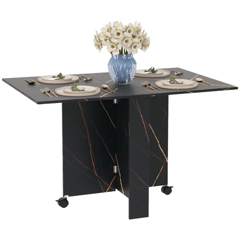 Rootz Foldable Kitchen Table - Dining Table - Space-Saving Table - 2 Wheels with Brakes - 120cm x 80cm x 73cm Black Marbled